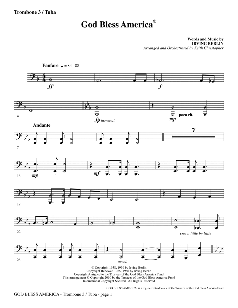 God Bless America - Trombone 3/Tuba Choir scores gallery preview page 1