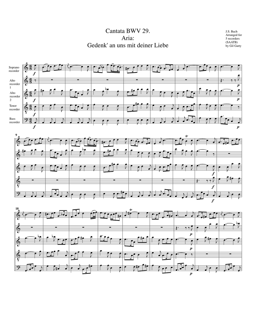 Aria: Gedenk' an uns mit deiner Liebe from Cantata BWV 29 (arrangement for 5 recorders)
