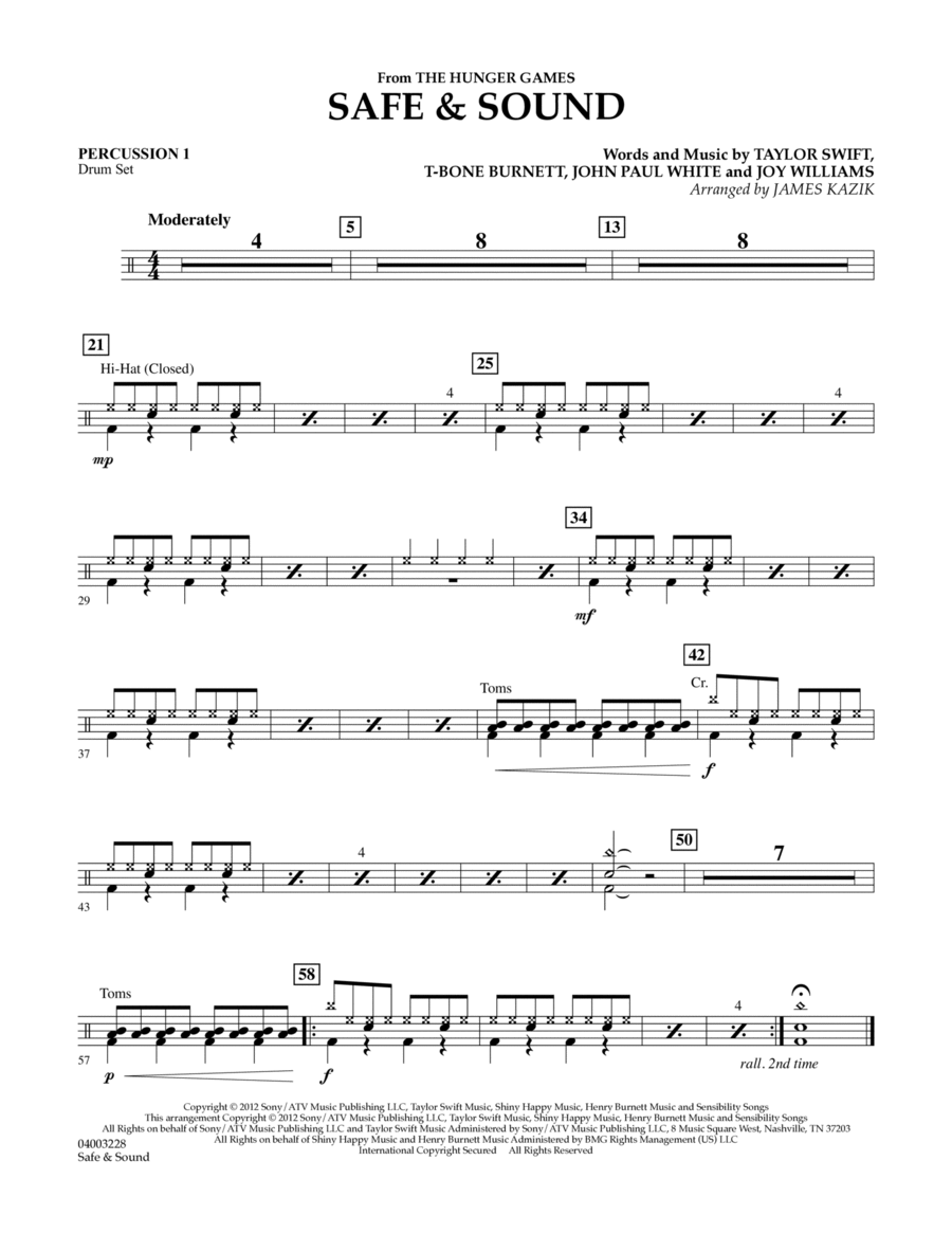 Safe & Sound (from The Hunger Games) - Percussion 1 Concert Band scores gallery preview page 1