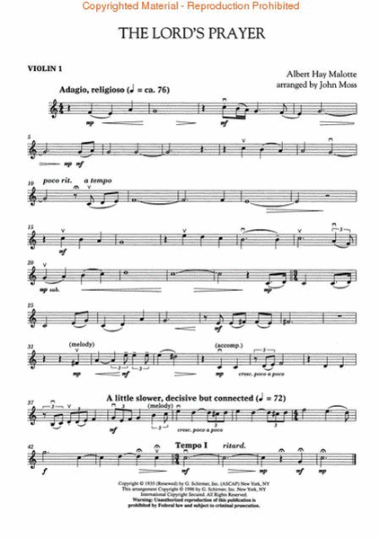 The Lord's Prayer by Albert Hay Malotte String Quartet - Sheet Music