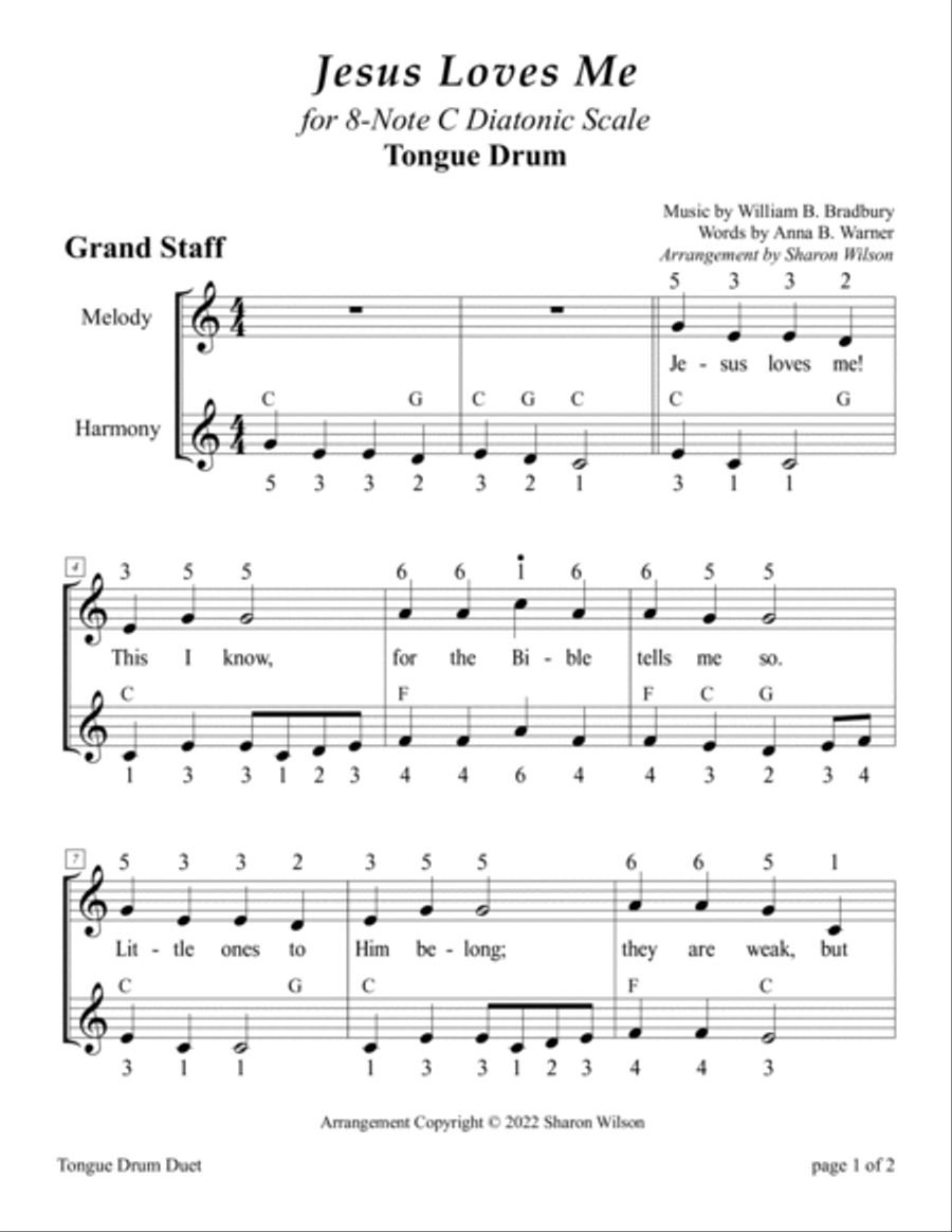 Jesus Loves Me (for 8-note C major diatonic scale Tongue Drum) Percussion scores gallery preview page 5