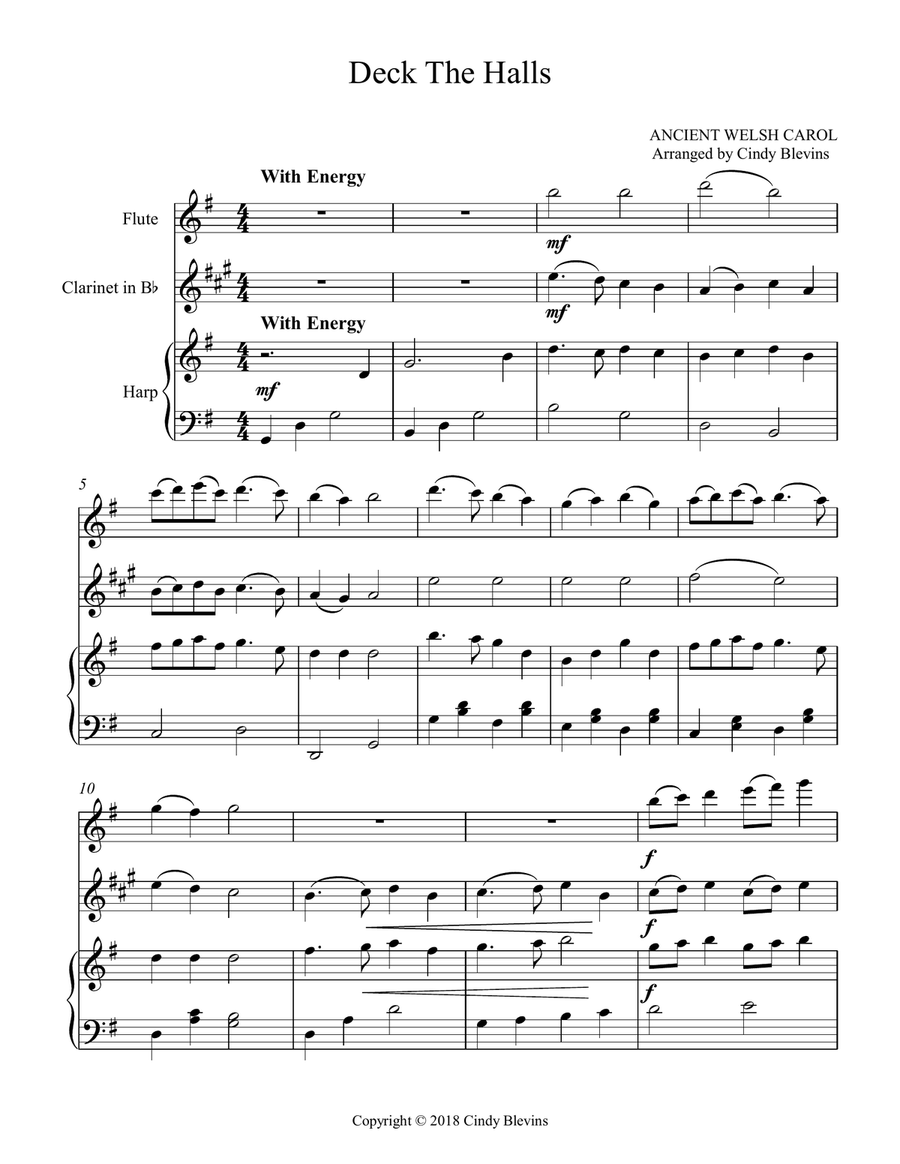 Deck the Halls, for Harp, Flute and Clarinet Clarinet scores gallery preview page 2