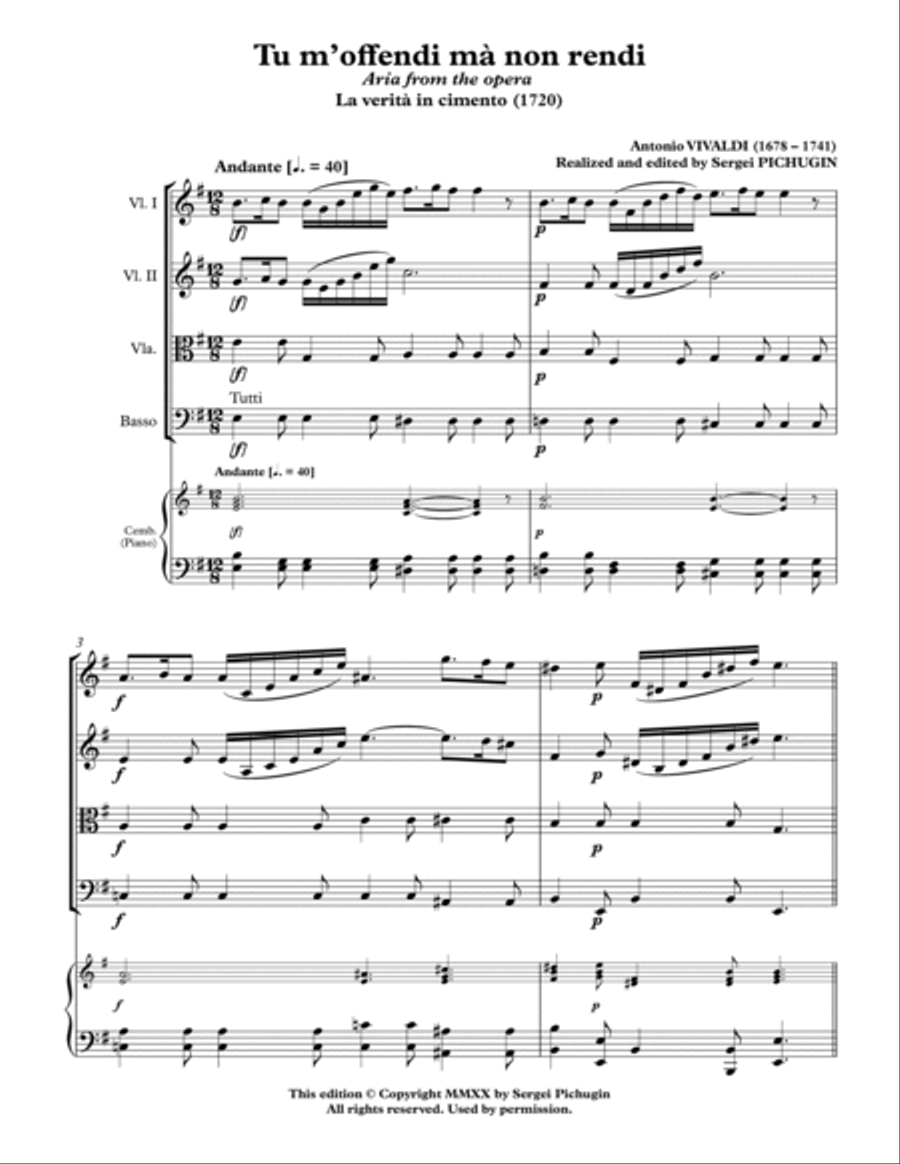 VIVALDI Antonio: Tu m'offendi mà non rendi, aria from the opera La verità in cimento, score and pa Small Ensemble scores gallery preview page 3