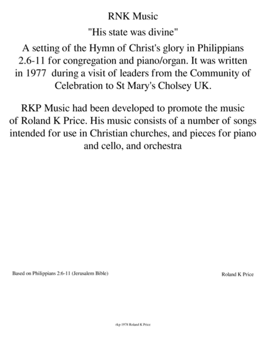 His State was Divine. Setting of Hymn of Christ's glory from Philippians 2:6-11 image number null