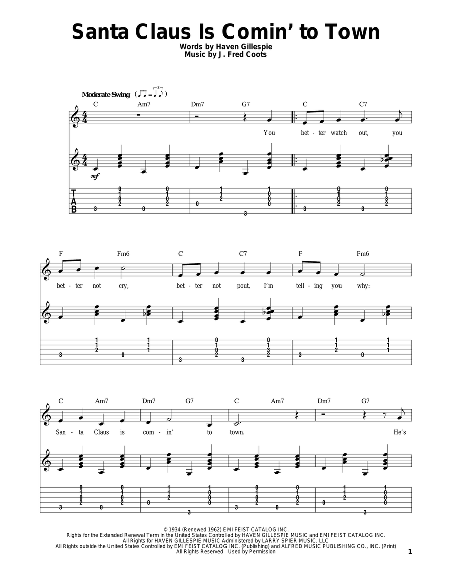 Santa Claus Is Comin' To Town Guitar Tablature scores gallery preview page 1