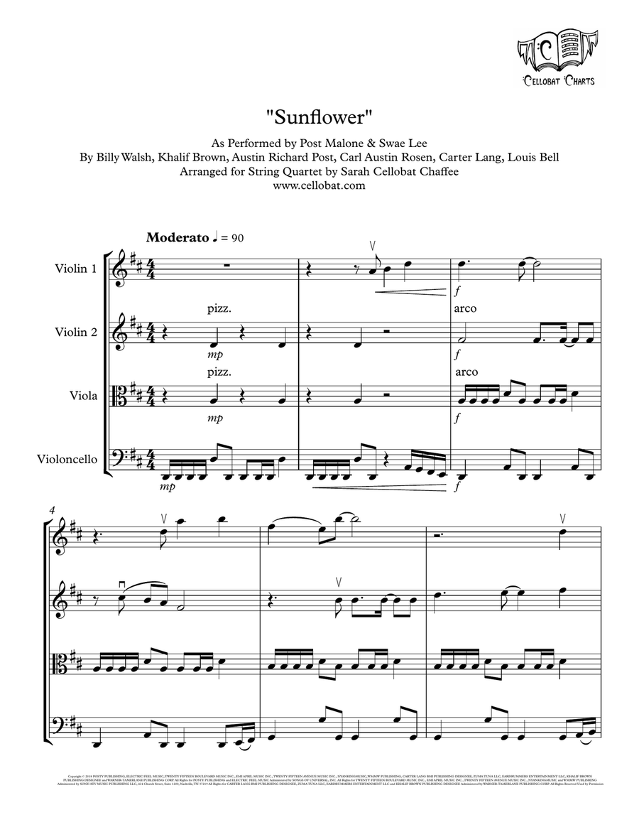 Sunflower by Post Malone String Quartet - Digital Sheet Music