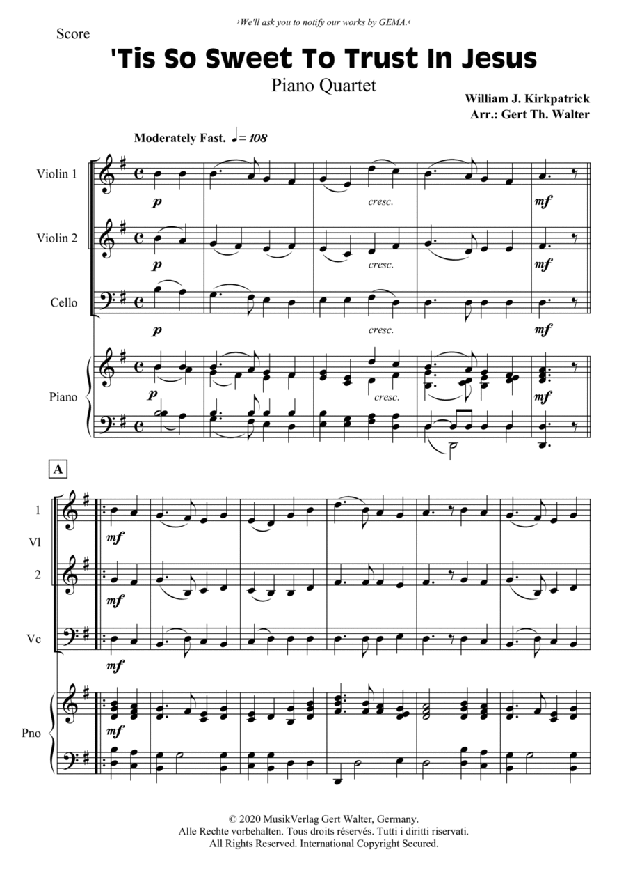 'Tis So Sweet To Trust In Jesus Piano Quartet scores gallery preview page 1