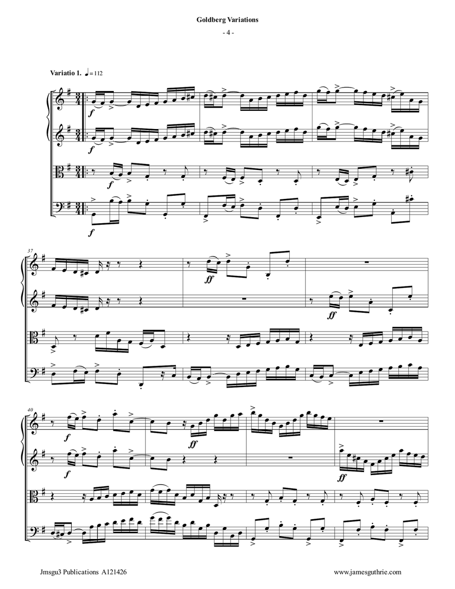 Bach: The Goldberg Variations BWV 988 Complete for String Quartet String Quartet scores gallery preview page 4