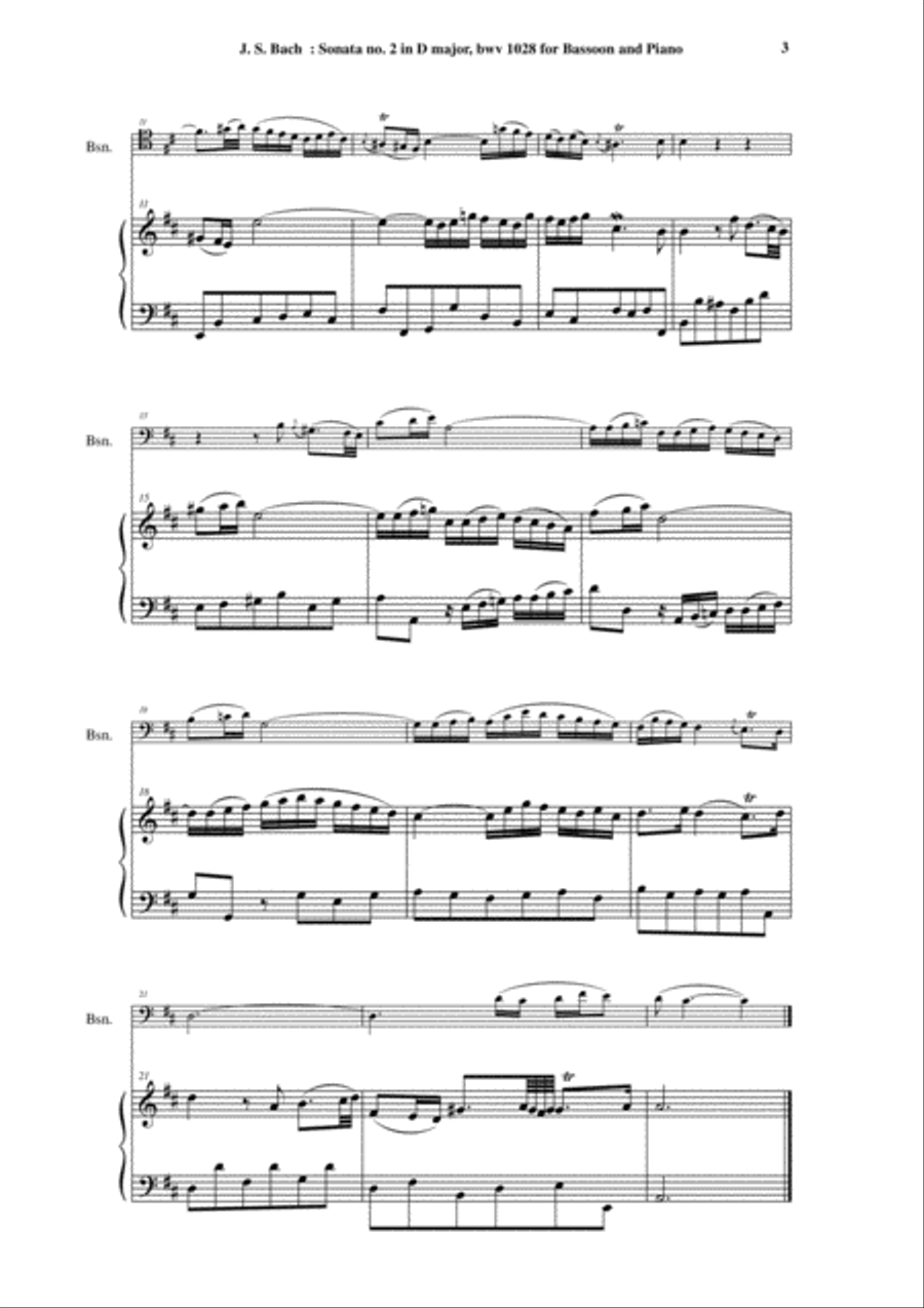 J. S. Bach: Viola da Gamba Sonata no. II in D major, BWV 1028, arranged for bassoon and piano Bassoon scores gallery preview page 3