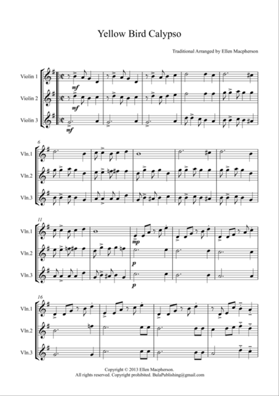 Yellow Bird Calypso - Violin Trio String Trio scores gallery preview page 1