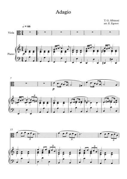 Adagio (In G Minor), Tomaso Giovanni Albinoni, For Viola & Piano image number null