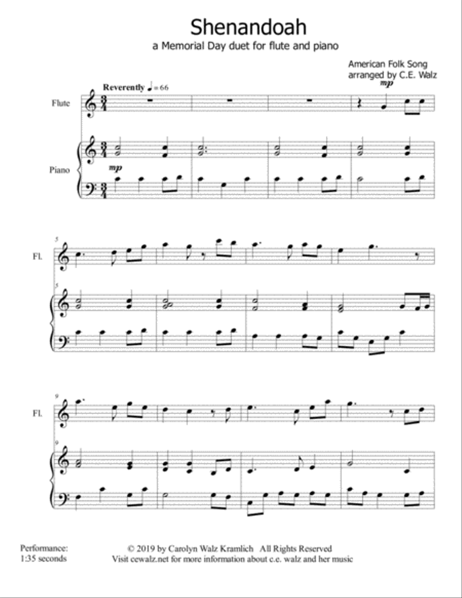 Shenandoah - a Memorial Day duet for flute and piano Woodwind Duet scores gallery preview page 1