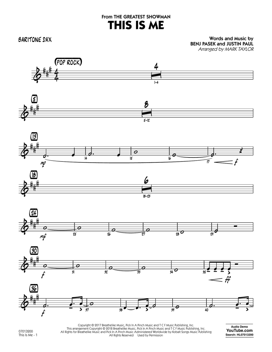 This Is Me (from The Greatest Showman) (arr. Mark Taylor) - Baritone Sax Jazz Ensemble scores gallery preview page 1