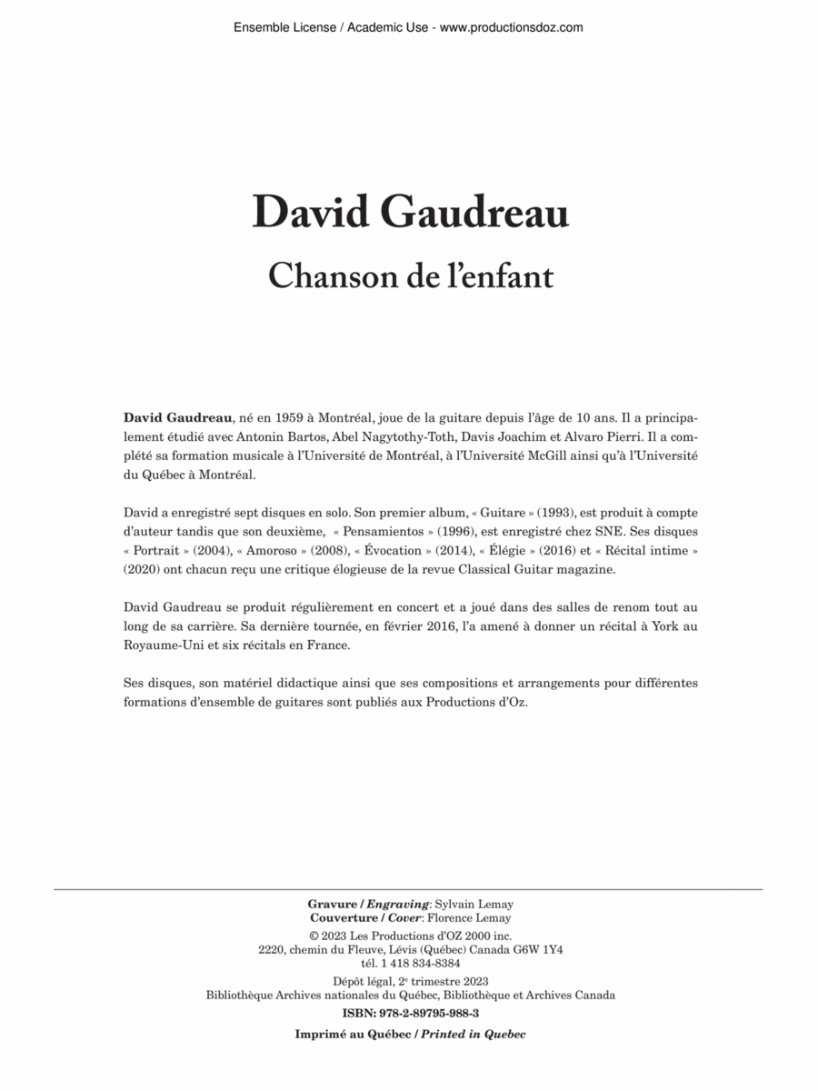 Chanson de l'enfant Classical Guitar scores gallery preview page 1