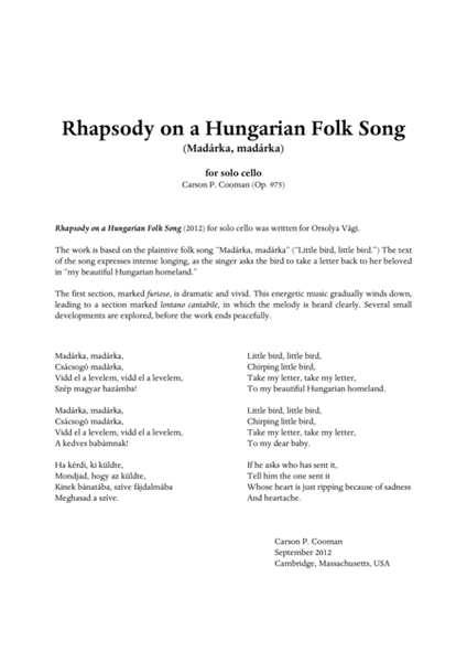 Carson Cooman - Rhapsody on a Hungarian Folk Song (2012) for solo cello