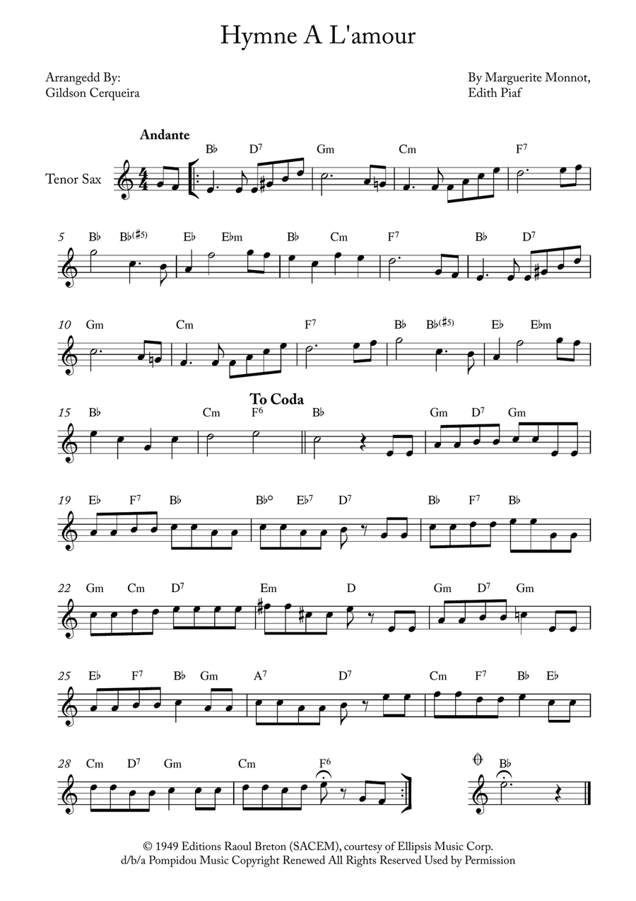Hymne A L'amour Tenor Saxophone scores gallery preview page 1