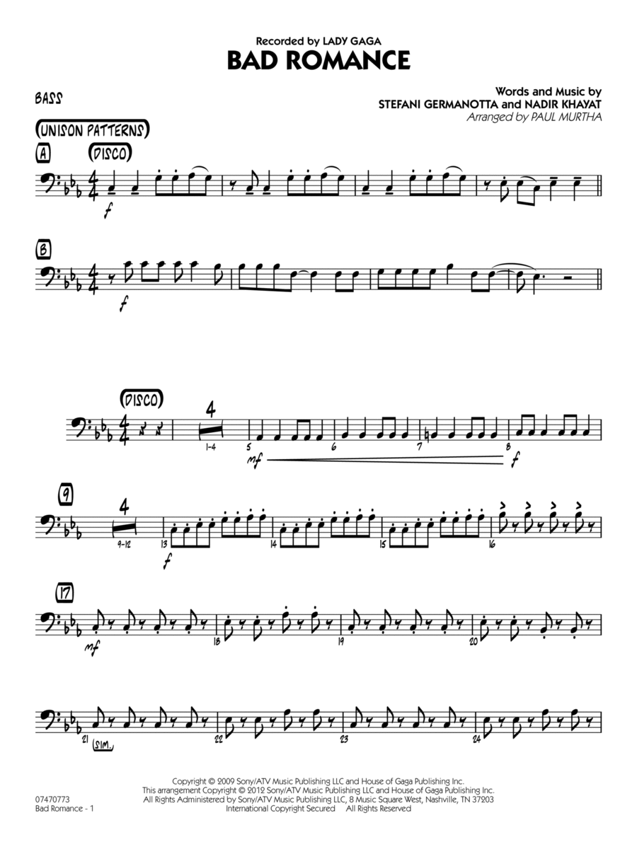 Bad Romance - Bass Jazz Ensemble scores gallery preview page 1