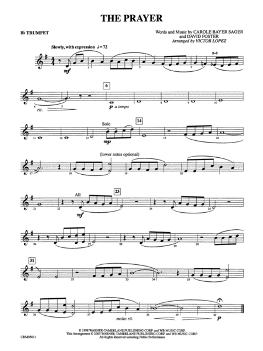 The Prayer: 1st B-flat Trumpet Concert Band scores gallery preview page 1