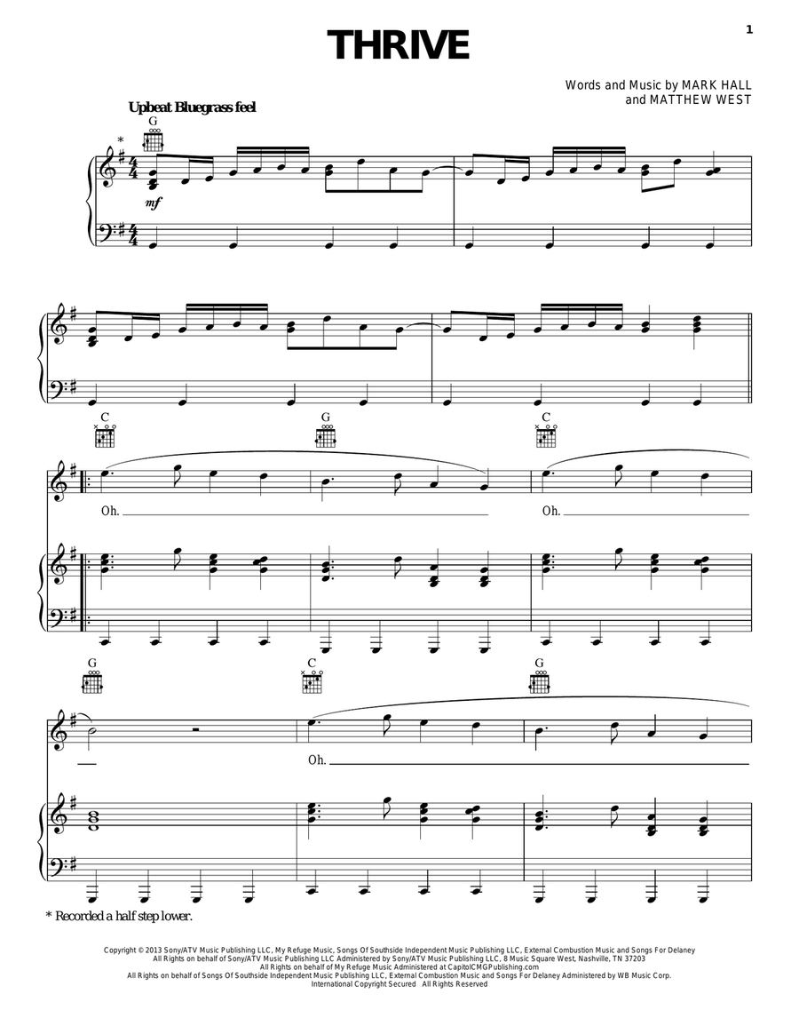 Thrive Piano, Vocal, Guitar scores gallery preview page 1