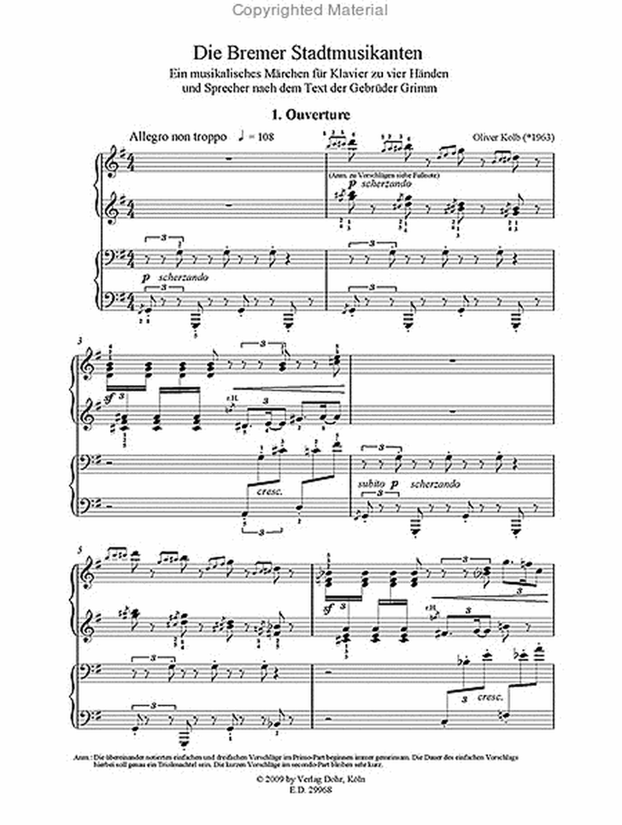 Die Bremer Stadtmusikanten (2008) -Ein musikalisches Märchen für Klavier zu vier Händen und Sprecher nach dem Text der Gebrüder Grimm-
