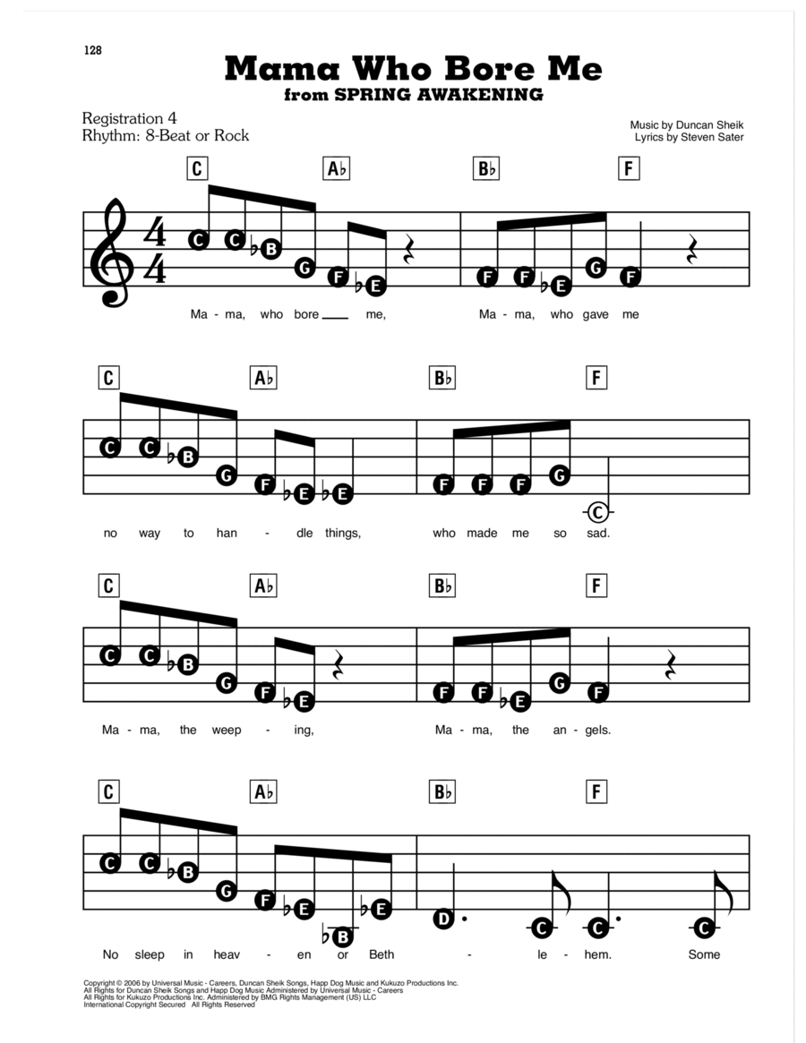 Mama Who Bore Me (from Spring Awakening) Electronic Keyboard scores gallery preview page 1