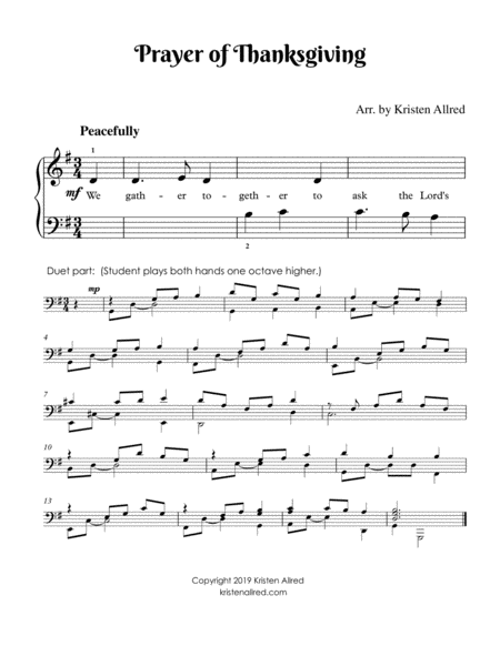 Prayer of Thanksgiving - Easy Piano with teacher duet image number null