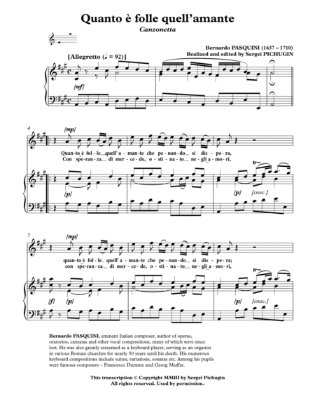 PASQUINI Bernardo: Quanto è folle quell’amante, canzonetta, arranged for Voice and Piano (A major image number null