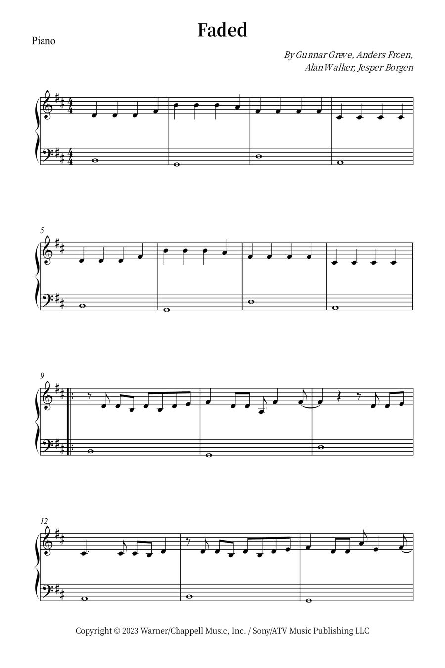 Faded Easy Piano scores gallery preview page 1
