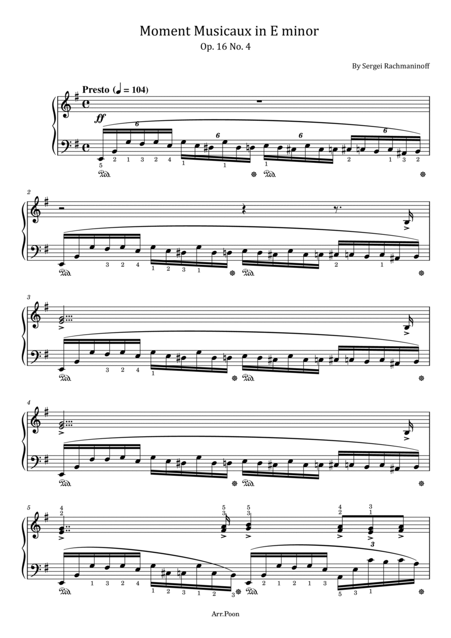 Rachmaninoff - Moment Musicaux in E minor - Op.16 No.4 - Original With Fingered - For Piano Solo Piano Solo scores gallery preview page 1