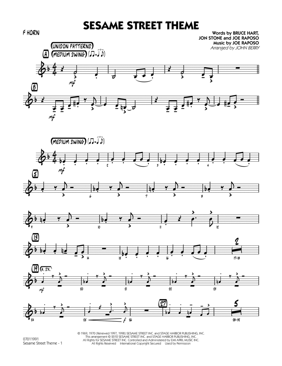 Sesame Street Theme - F Horn Jazz Ensemble scores gallery preview page 1