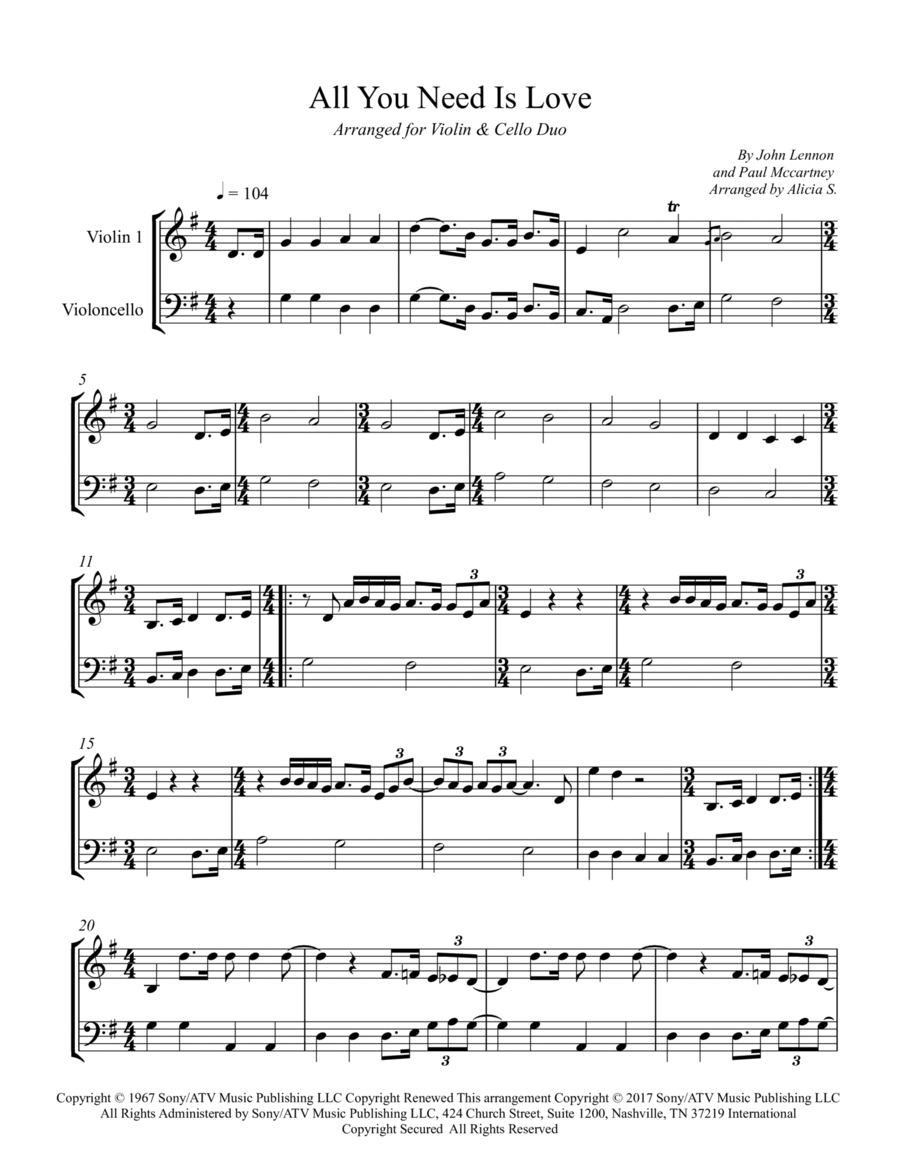 All You Need Is Love All You Need Is Love String Duet scores gallery preview page 1