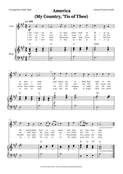 America (My Country, 'Tis of Thee) - Voice and Piano in A (+CHORDS) image number null