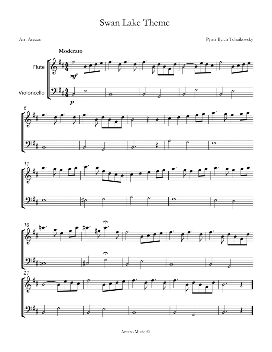 the swan lake theme sheet music for beginners Flute and Cello Chamber Music scores gallery preview page 1