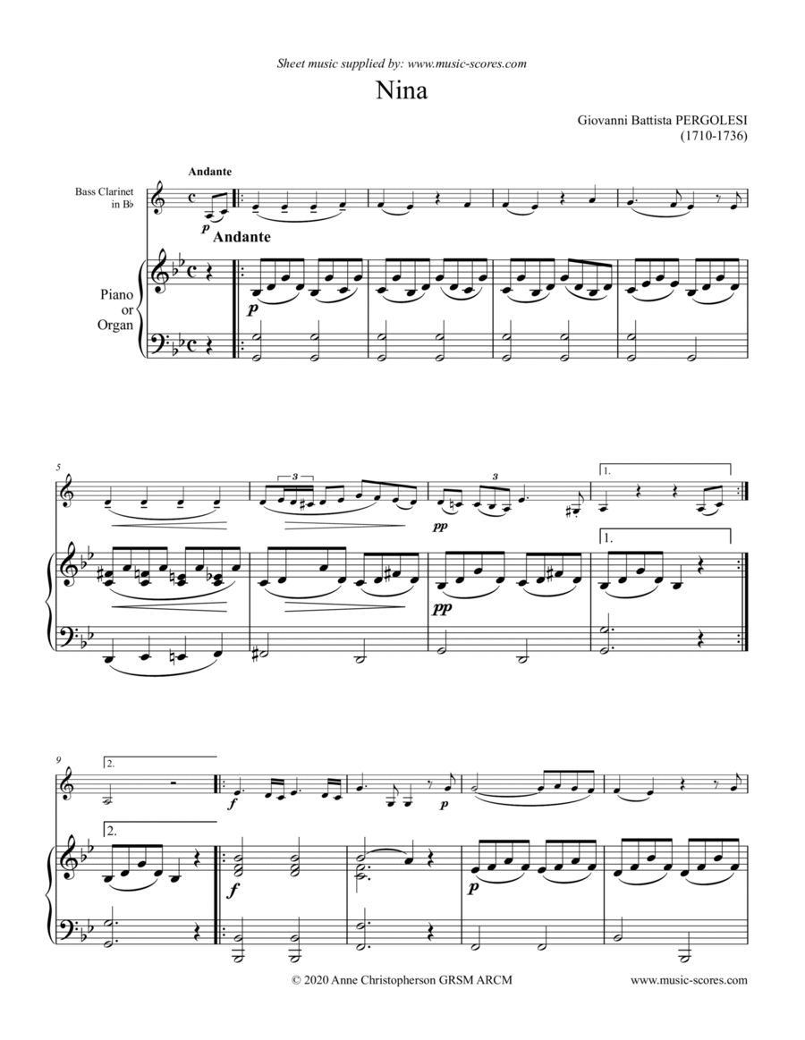 Nina - Bass Clarinet (G minor) and piano/organ Bass Clarinet scores gallery preview page 1