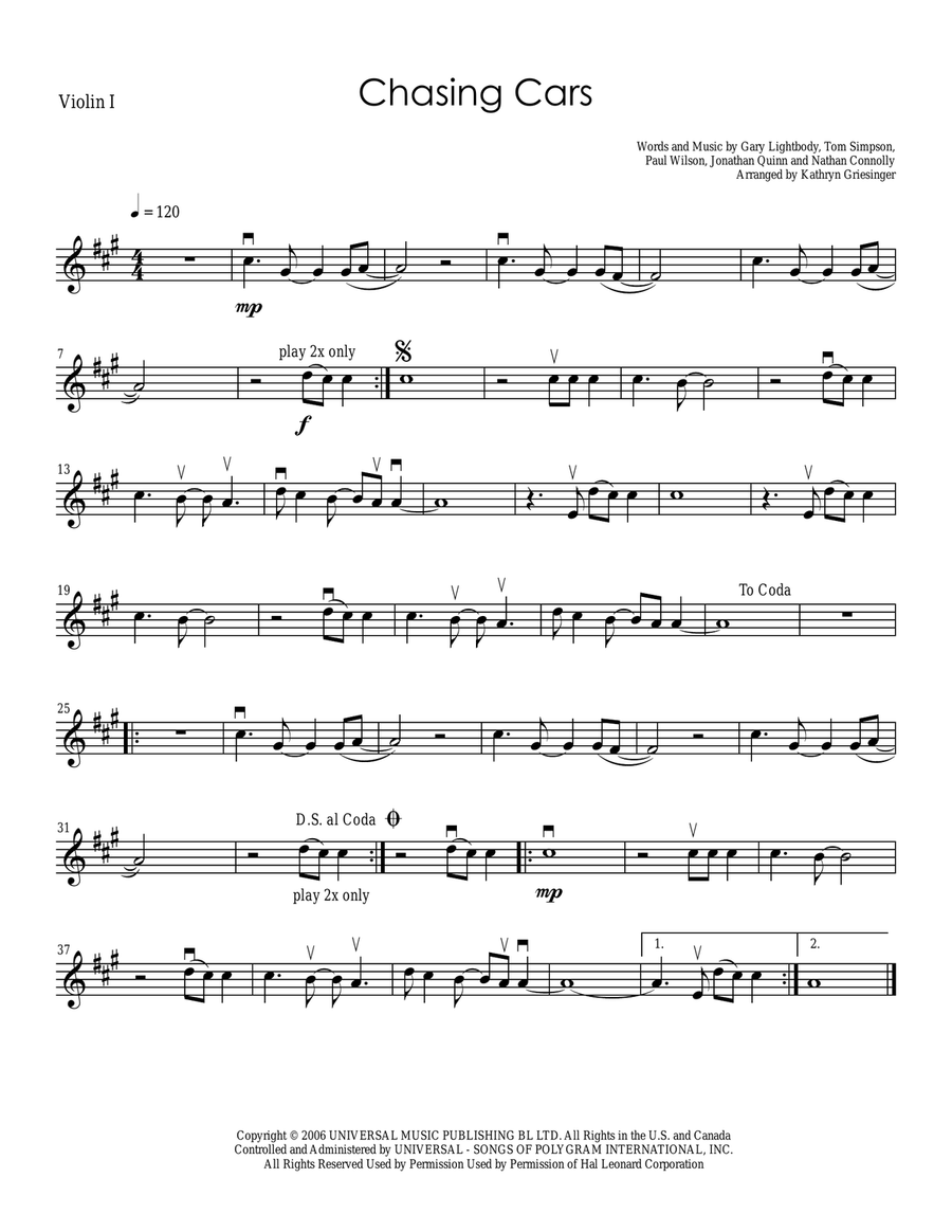 Chasing Cars String Quartet scores gallery preview page 1