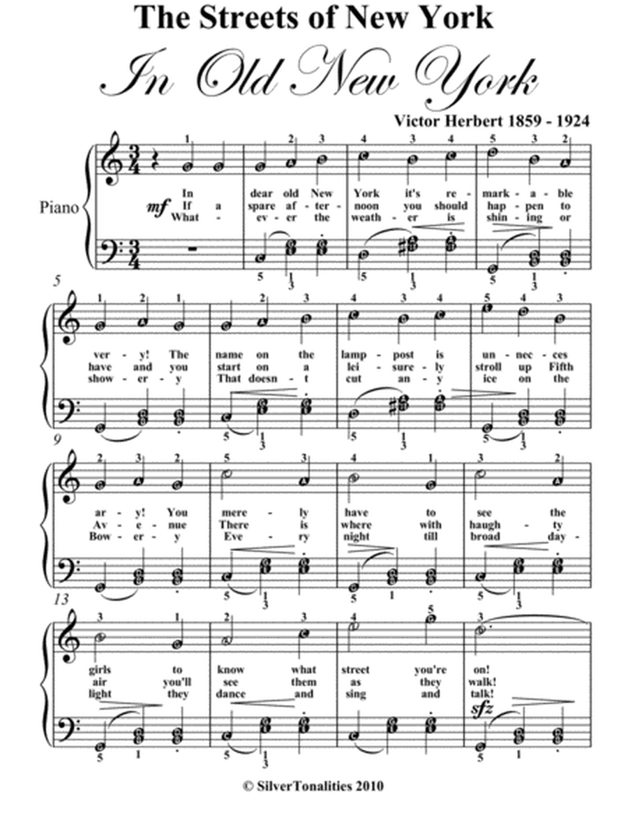 Streets of New York Easy Piano Sheet Music