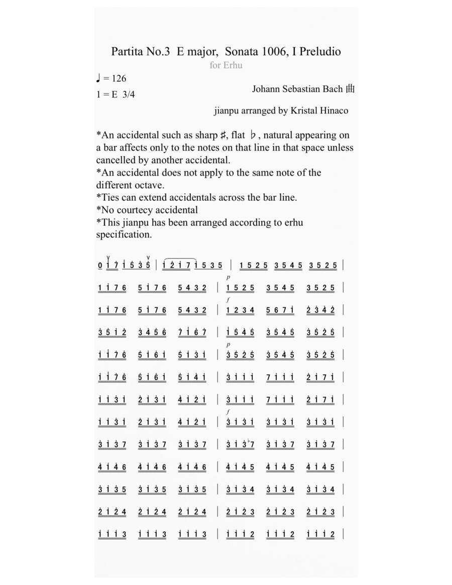 Book cover for Partita No.3 E major, Sonata 1006, 1 Preludio for Erhu