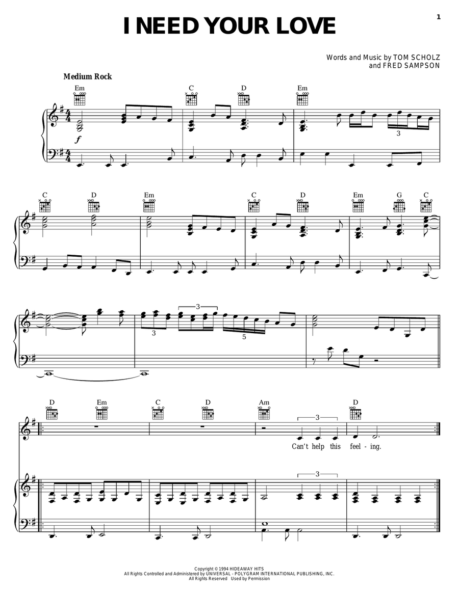 I Need Your Love Piano, Vocal, Guitar scores gallery preview page 1