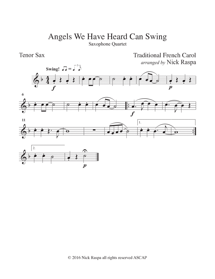 Angels We Have Heard Can Swing (easy sax quartet AATB) Tenor Sax part