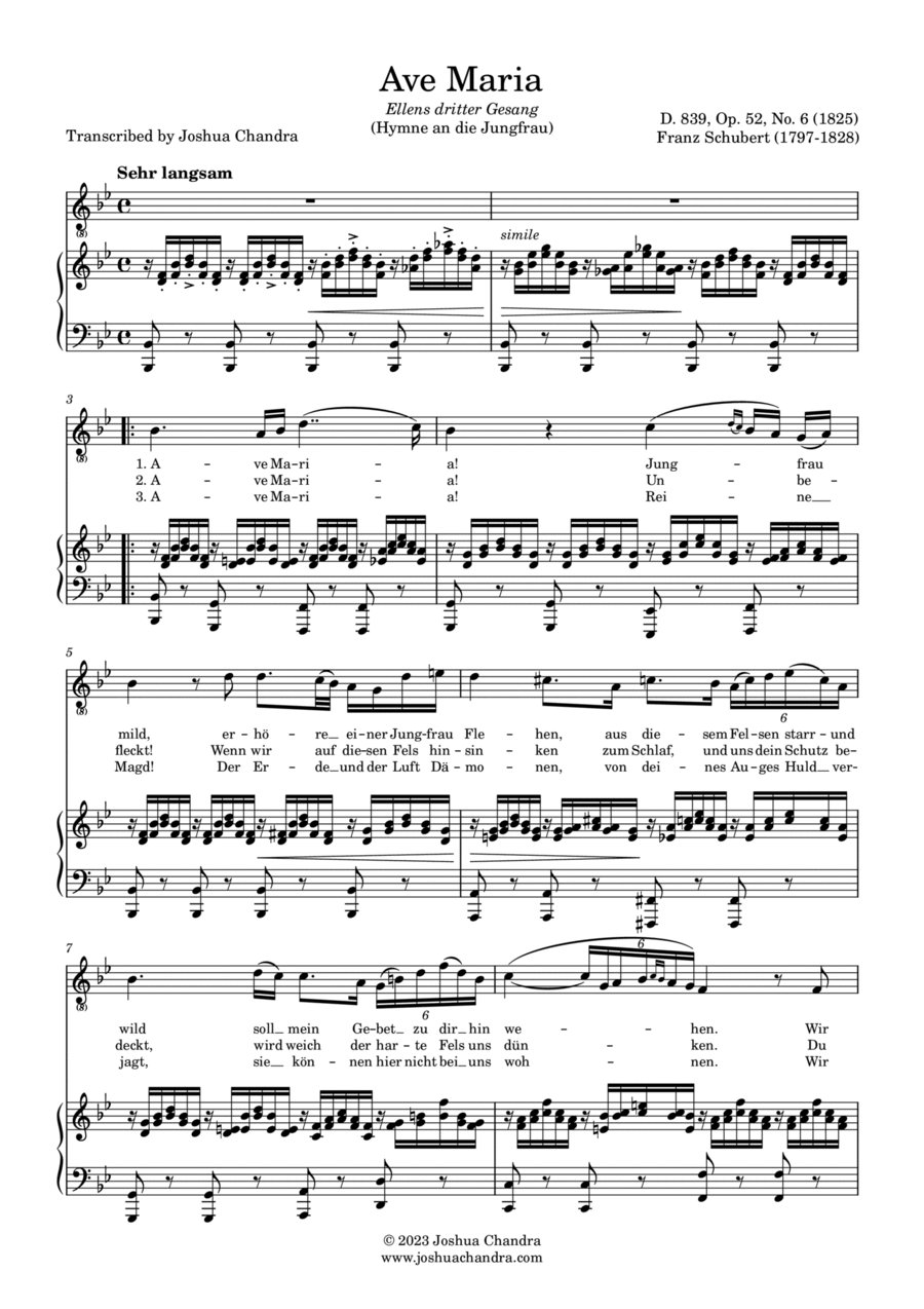 Ave Maria by Schubert (Piano & Voice Parts in German) Voice scores gallery preview page 1
