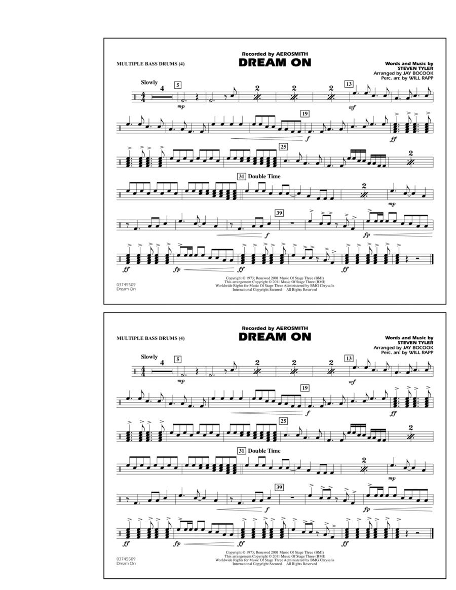 Dream On - Multiple Bass Drums Marching Band scores gallery preview page 1
