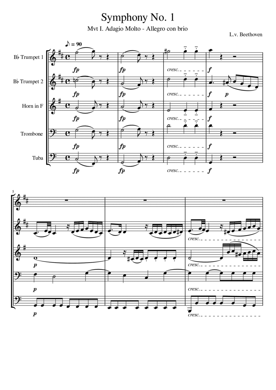 Beethoven Symphony No. 1 Movement I Brass Quintet scores gallery preview page 1