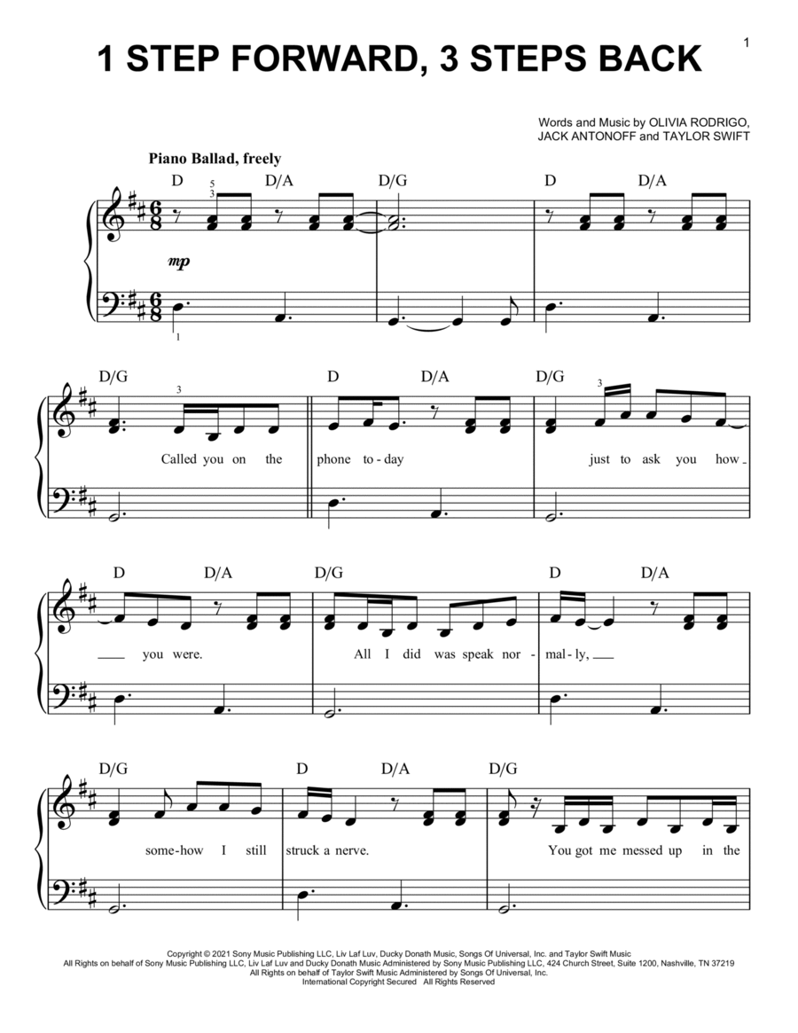 1 step forward, 3 steps back Easy Piano scores gallery preview page 1