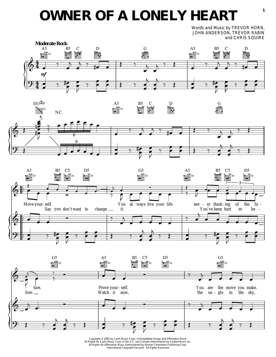 Owner Of A Lonely Heart Piano, Vocal, Guitar scores gallery preview page 1