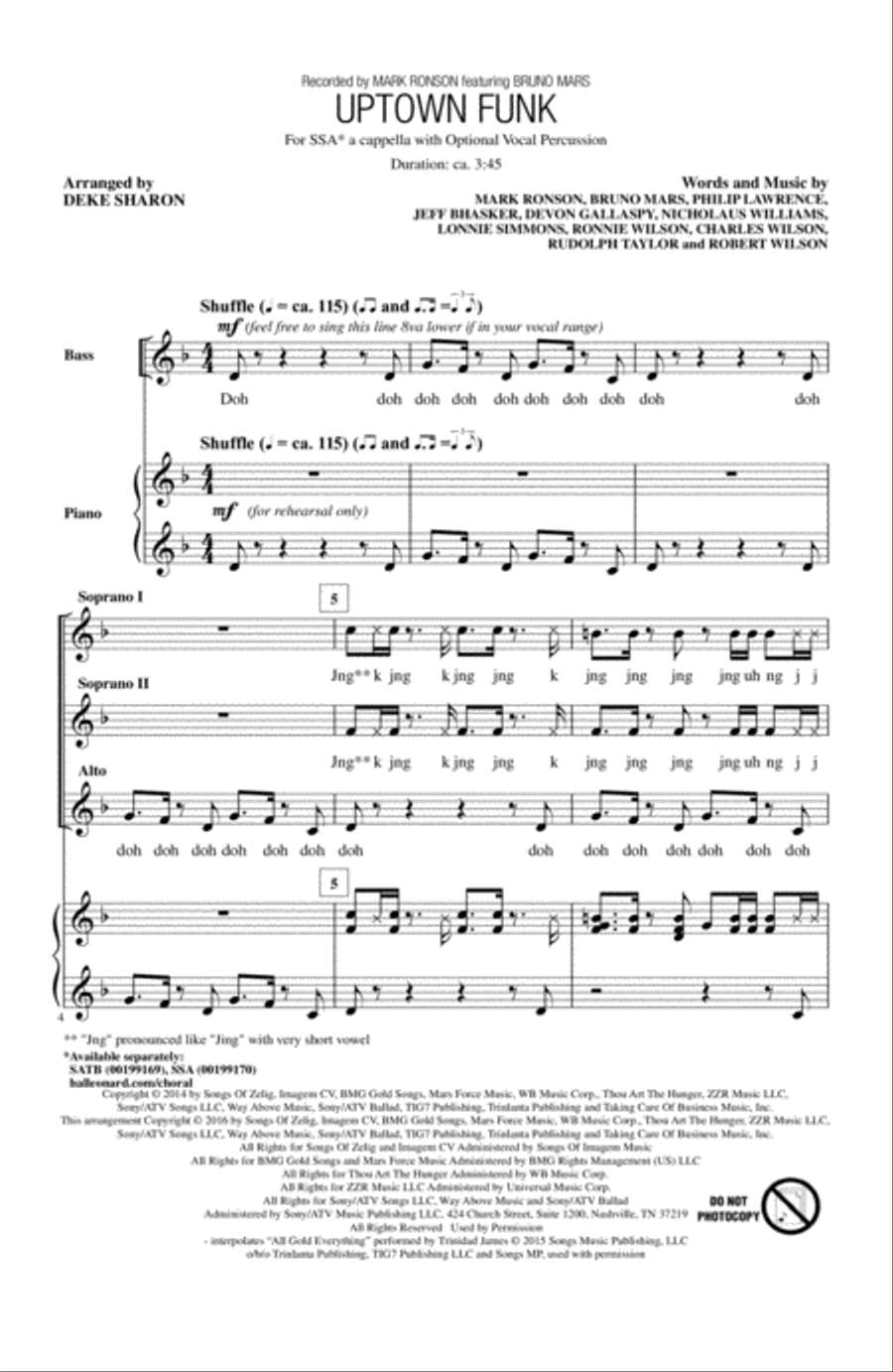 Uptown Funk (feat. Bruno Mars) (arr. Deke Sharon) SSA scores gallery preview page 1