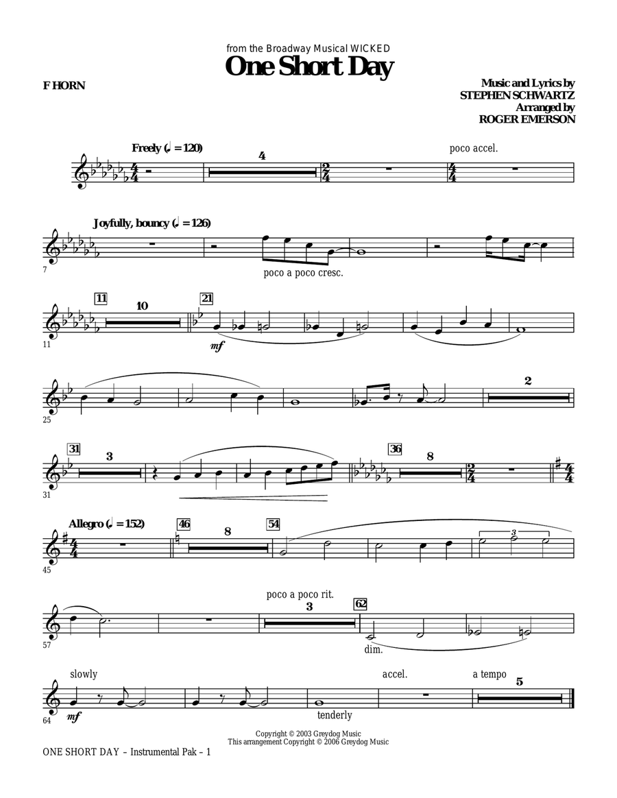 One Short Day - F Horn Choir scores gallery preview page 1