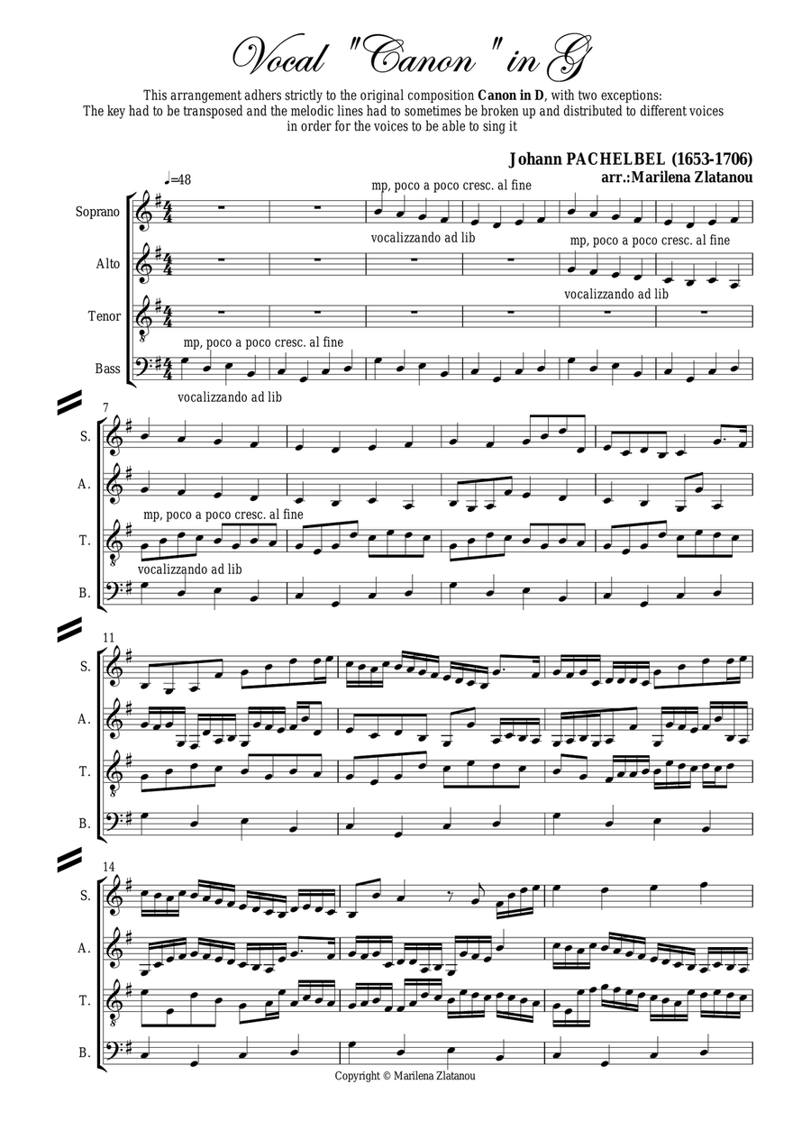 J. Pachelbel: (Vocal) CANON (in G), for SATB choir a cap. 4-Part scores gallery preview page 1