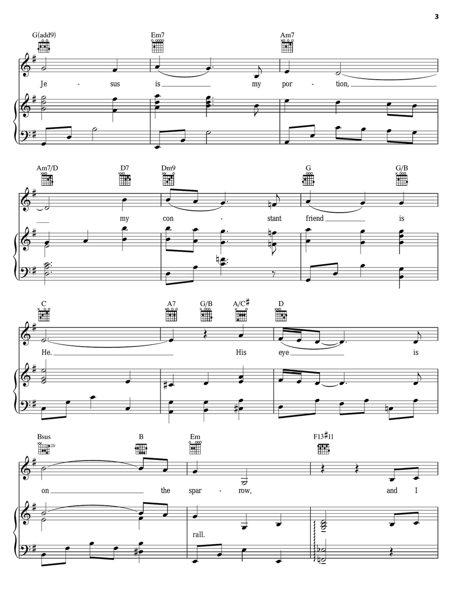 His Eye Is On The Sparrow Piano, Vocal, Guitar scores gallery preview page 3