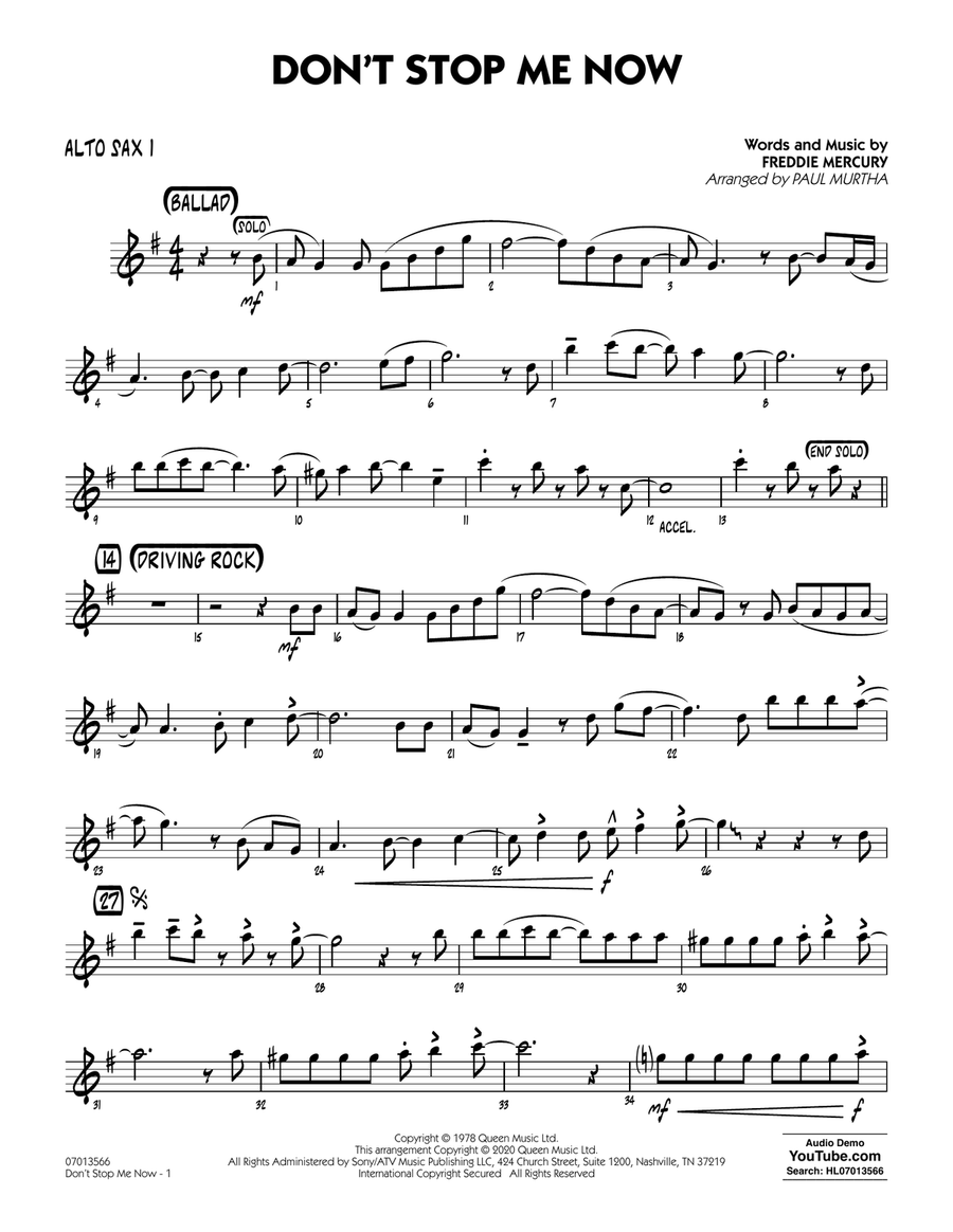 Don't Stop Me Now (arr. Paul Murtha) - Alto Sax 1 Jazz Ensemble scores gallery preview page 1