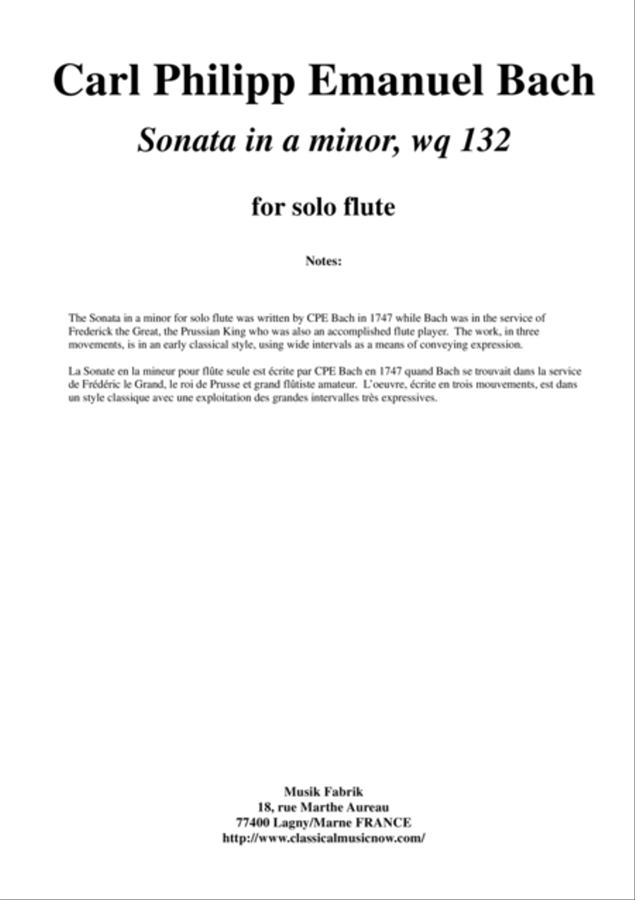 C. P. E. Bach: Sonata in a minor for solo flute, wq. 132, edited by Paul Wehage Flute Solo scores gallery preview page 1